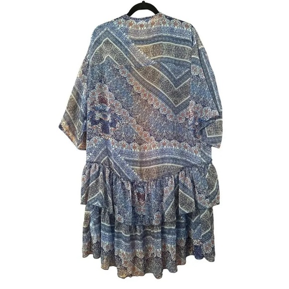 Boho Kimono Duster Ruffle Trim Open Front Blue Paisley Print Cover Up - Picture 3 of 8